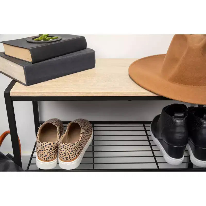 Zapatero de 3 niveles de metal negro con madera natural - Brightroom™