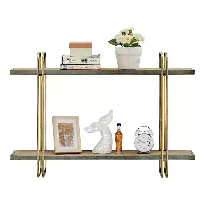 Danya B. 32.3" x 22" Estante de pared de metal y madera de 2 niveles con soportes, dorado: Almacenamiento flotante, exhibición para baño