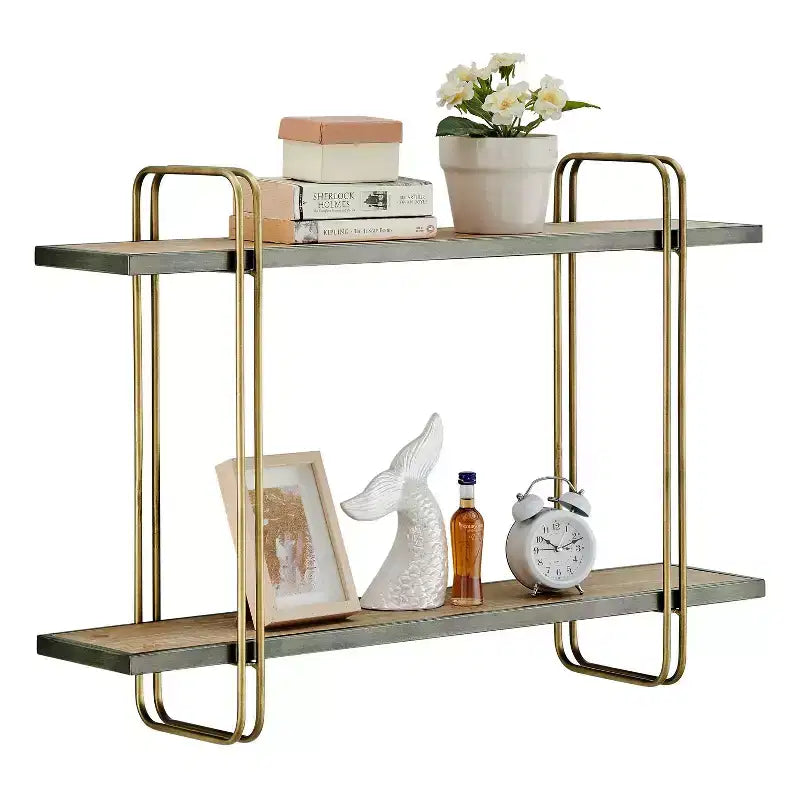 Danya B. 32.3" x 22" Estante de pared de metal y madera de 2 niveles con soportes, dorado: Almacenamiento flotante, exhibición para baño