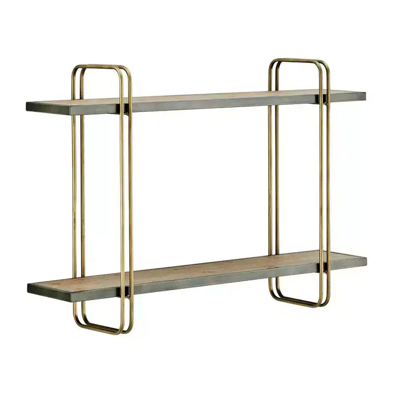 Danya B. 32.3" x 22" Estante de pared de metal y madera de 2 niveles con soportes, dorado: Almacenamiento flotante, exhibición para baño