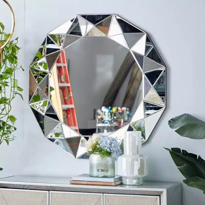 Espejo de pared Olivia & May Glam Wood Starburst plateado: Redondo grande, no requiere montaje, marco de MDF