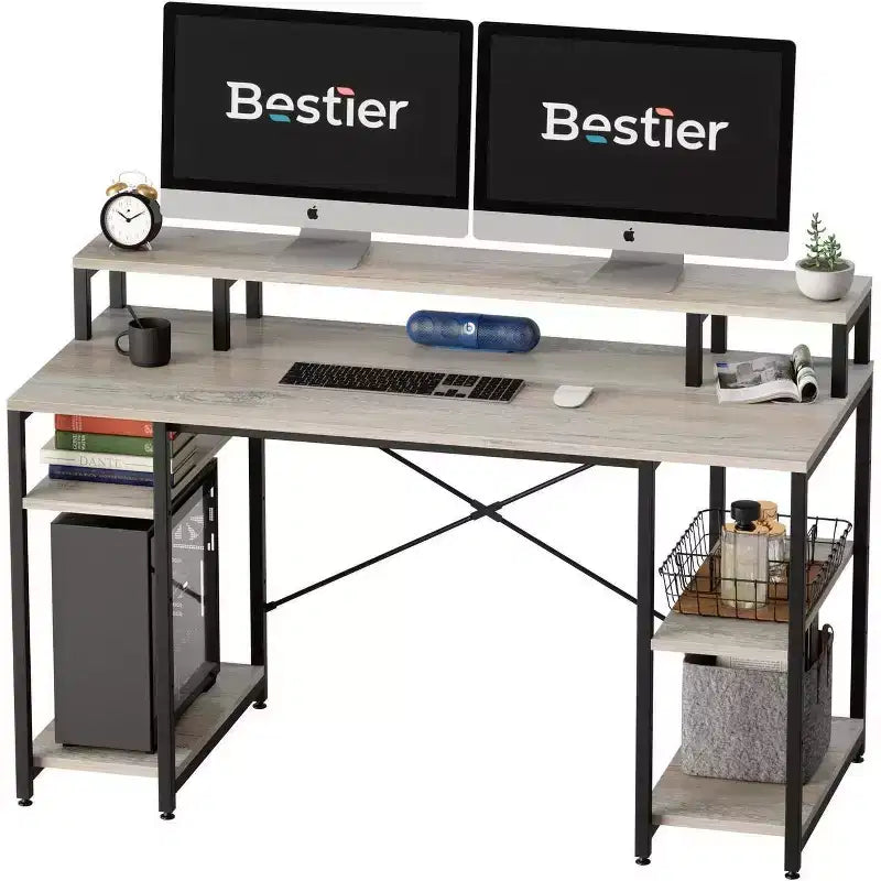 Bestier - Escritorios de computadora de 55 pulgadas con estantería reversible, escritorio de pie para oficina en casa/estudio/juegos