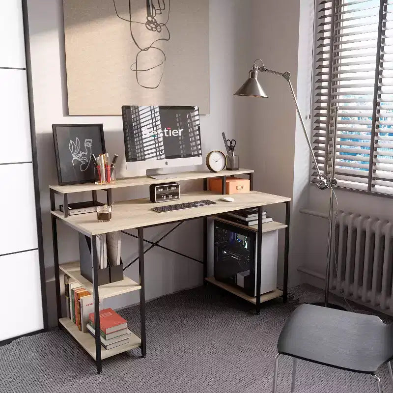 Bestier - Escritorios de computadora de 55 pulgadas con estantería reversible, escritorio de pie para oficina en casa/estudio/juegos