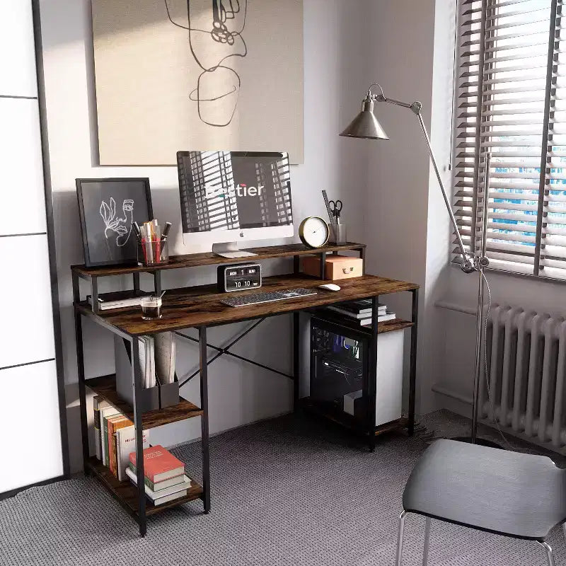 Bestier - Escritorios de computadora de 55 pulgadas con estantería reversible, escritorio de pie para oficina en casa/estudio/juegos