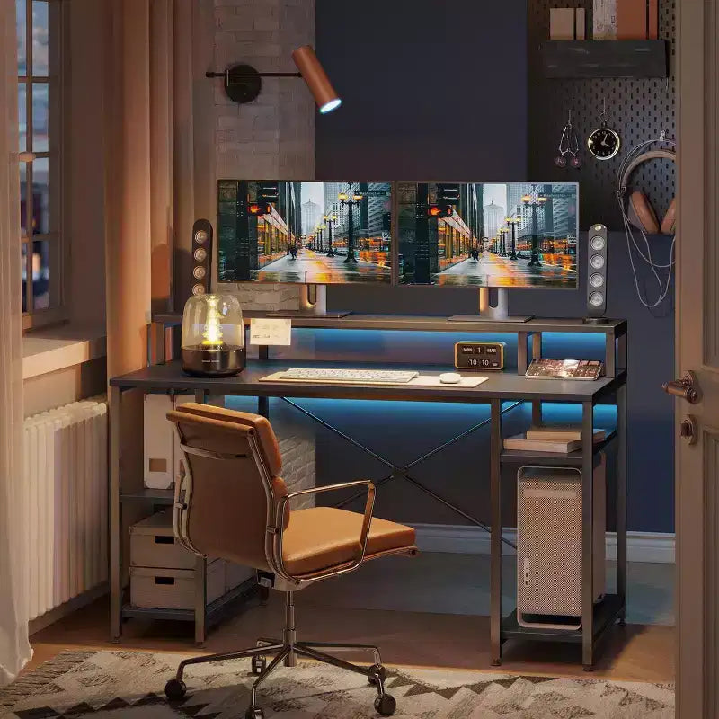 Bestier - Escritorios de computadora de 55 pulgadas con estantería reversible, escritorio de pie para oficina en casa/estudio/juegos