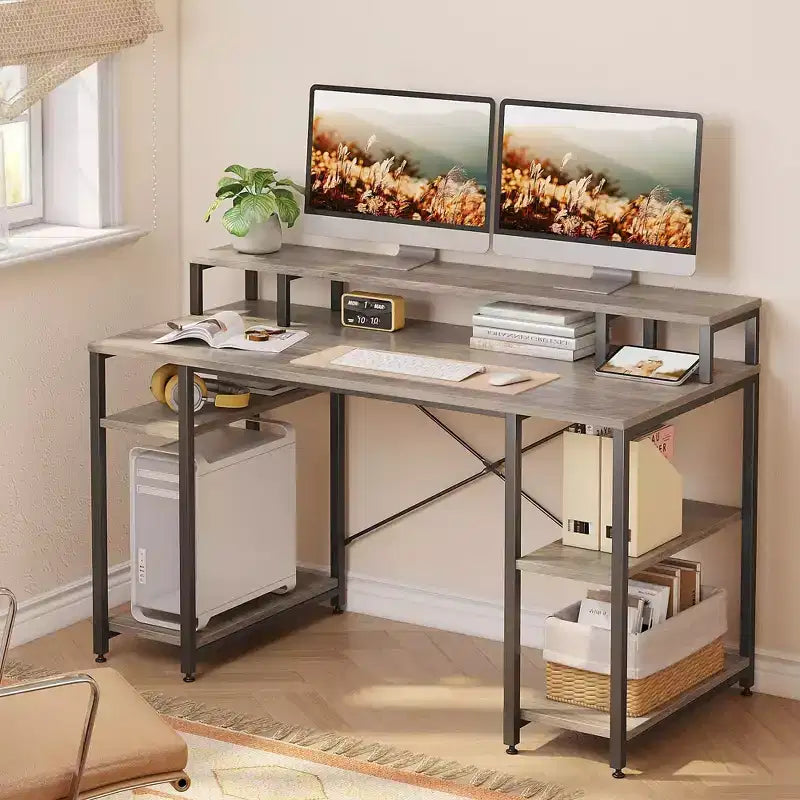 Bestier - Escritorios de computadora de 55 pulgadas con estantería reversible, escritorio de pie para oficina en casa/estudio/juegos