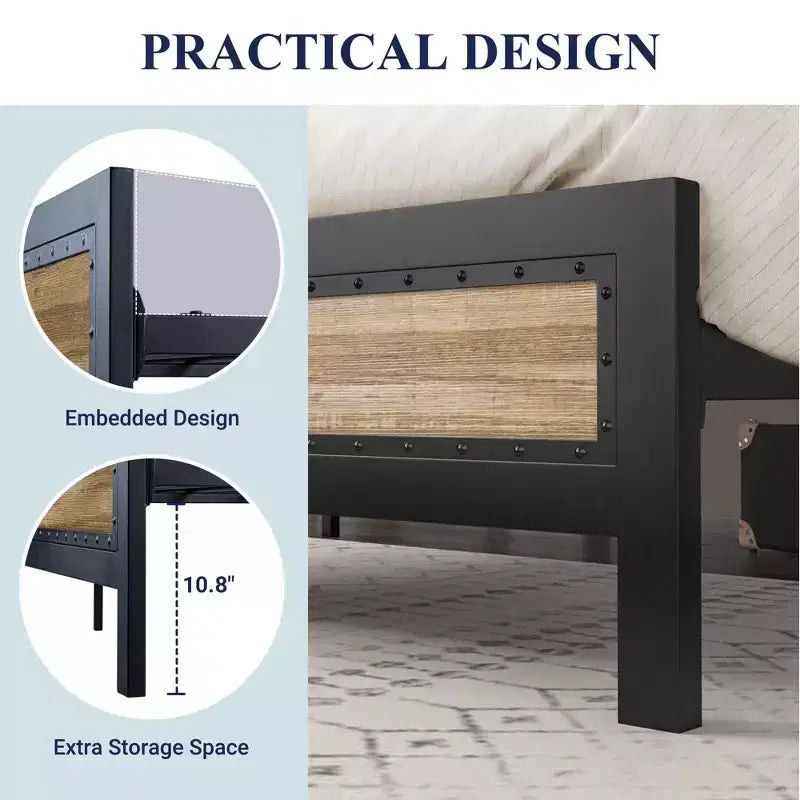 Base de Cama de Metal de Plataforma Resistente Allewie con Cabecero, Decoración Única de Tiras y Remaches