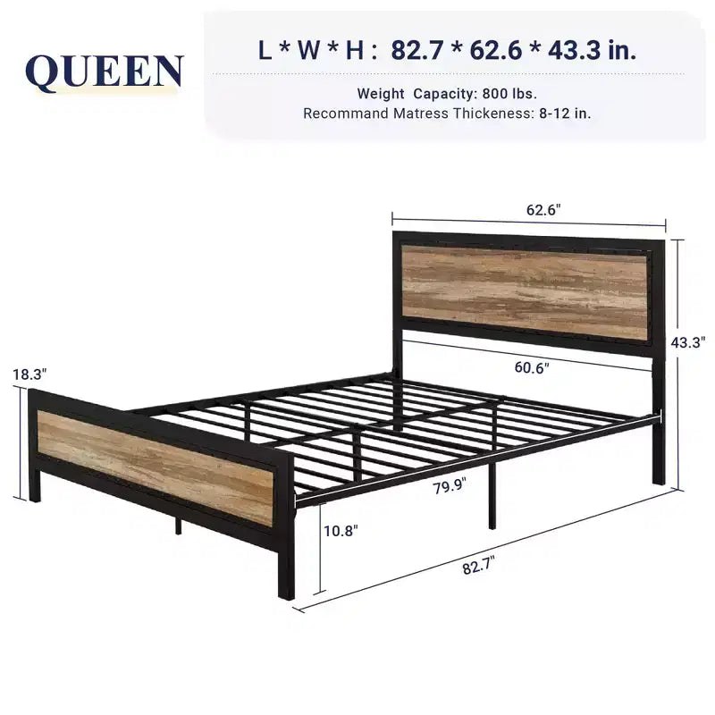 Base de Cama de Metal de Plataforma Resistente Allewie con Cabecero, Decoración Única de Tiras y Remaches