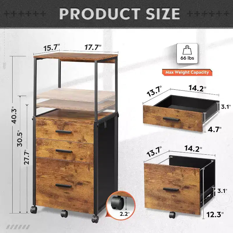 Archivador DEXYLLO con cajones de almacenamiento, mueble para impresora con ruedas y estantes ajustables, archivador de madera para oficina en casa