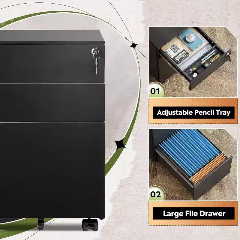 DEXYLLO Archivador con cerradura, Pedestal rodante de 3 cajones para debajo del escritorio, Completamente ensamblado excepto las ruedas
