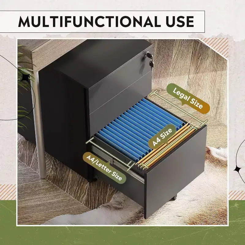 DEXYLLO Archivador con cerradura, Pedestal rodante de 3 cajones para debajo del escritorio, Completamente ensamblado excepto las ruedas