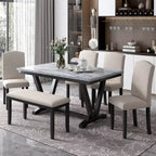 Whisen Modern Style 6-Piece Dining Table Set with 4 Chairs and 1 Bench and Teble with Marbled Veneers Tabletop - White