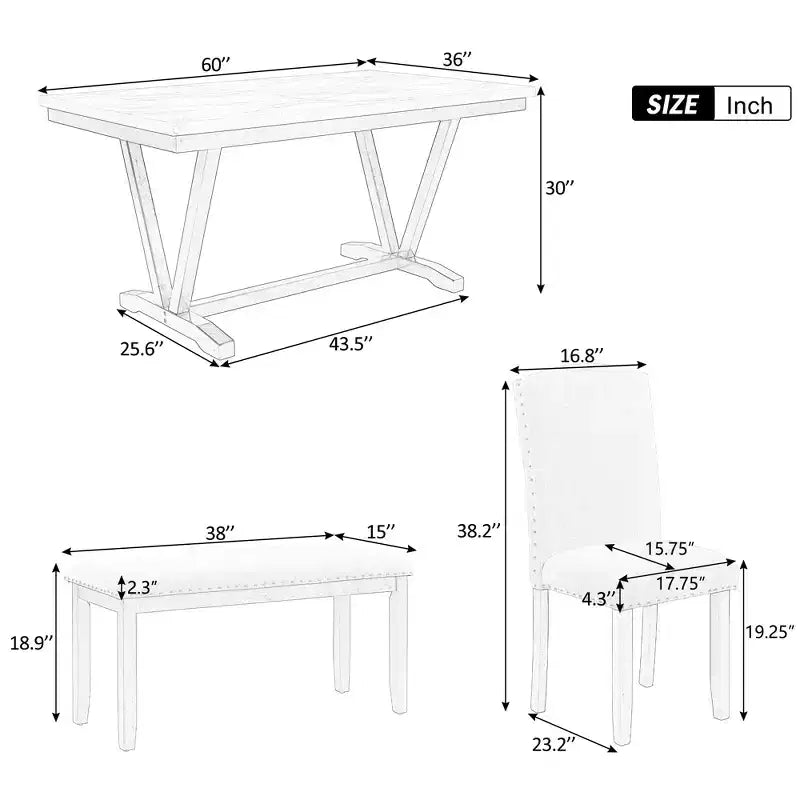 Juego de mesa de comedor de estilo moderno Whisen de 6 piezas con 4 sillas y 1 banco y mesa con tablero de chapa veteada - Blanco