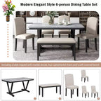 Juego de mesa de comedor de estilo moderno Whisen de 6 piezas con 4 sillas y 1 banco y mesa con tablero de chapa veteada - Blanco