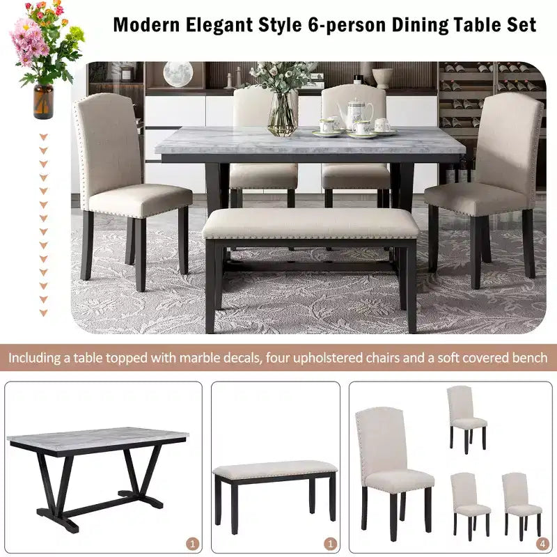 Juego de mesa de comedor de estilo moderno Whisen de 6 piezas con 4 sillas y 1 banco y mesa con tablero de chapa veteada - Blanco