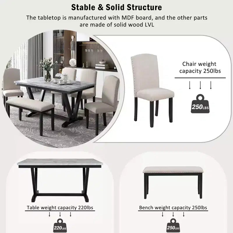 Juego de mesa de comedor de estilo moderno Whisen de 6 piezas con 4 sillas y 1 banco y mesa con tablero de chapa veteada - Blanco