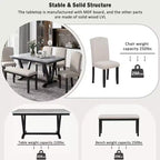 Juego de mesa de comedor de estilo moderno Whisen de 6 piezas con 4 sillas y 1 banco y mesa con tablero de chapa veteada - Blanco