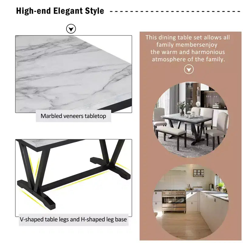 Juego de mesa de comedor de estilo moderno Whisen de 6 piezas con 4 sillas y 1 banco y mesa con tablero de chapa veteada - Blanco