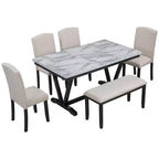 Juego de mesa de comedor de estilo moderno Whisen de 6 piezas con 4 sillas y 1 banco y mesa con tablero de chapa veteada - Blanco