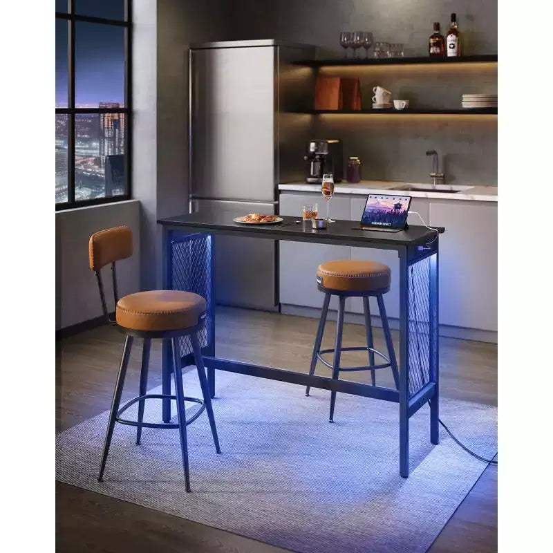 VASAGLE Mesa Alta de Bar, Mesa Larga y Estrecha de 120 cm, Mesa Alta de Cóctel con Luces LED, Tomas de Corriente Integradas, Paneles de Malla, Negra y Negro Mate