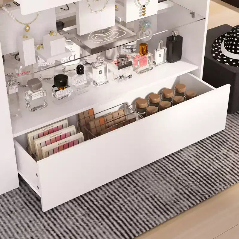 Organizador de armario con tapa de cristal Famapy, isla de vestidor blanca, amplio almacenamiento, cómoda, vitrina, isla de tocador, organizador de belleza