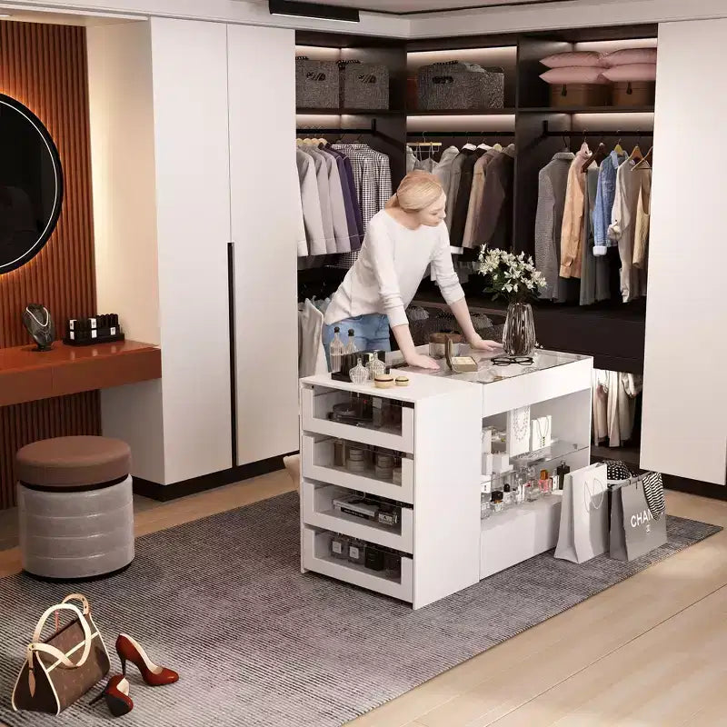 Organizador de armario con tapa de cristal Famapy, isla de vestidor blanca, amplio almacenamiento, cómoda, vitrina, isla de tocador, organizador de belleza