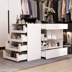 Organizador de armario con tapa de cristal Famapy, isla de vestidor blanca, amplio almacenamiento, cómoda, vitrina, isla de tocador, organizador de belleza