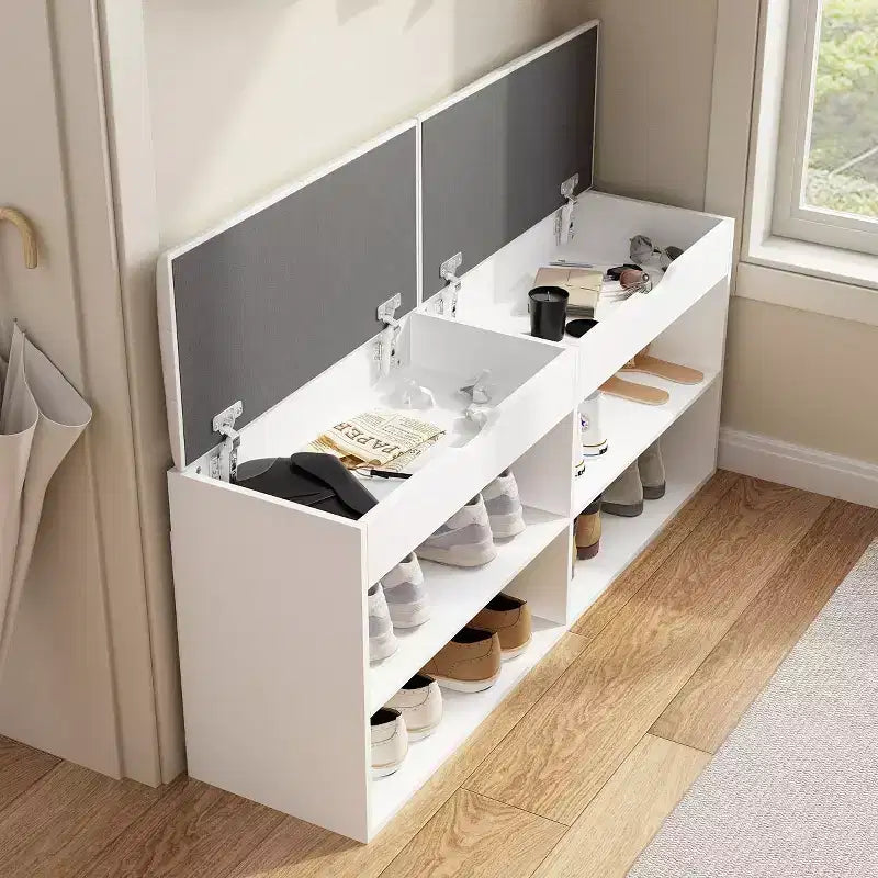 Zapatero de madera Famapy con cojines y estantes abiertos, blanco