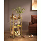 VASAGLE Carrito de Bar, Carrito Servidor para Hogar, Carrito de Bar Pequeño con Estante de 3 Niveles, Botelleros, Copas, Mini Carrito de Bar para Cocina, Oro Pálido