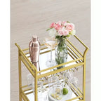 VASAGLE Carrito de Bar, Carrito Servidor para Hogar, Carrito de Bar Pequeño con Estante de 3 Niveles, Botelleros, Copas, Mini Carrito de Bar para Cocina, Oro Pálido