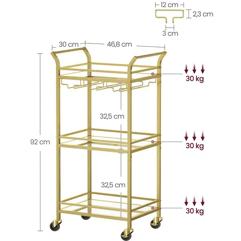 VASAGLE Carrito de Bar, Carrito Servidor para Hogar, Carrito de Bar Pequeño con Estante de 3 Niveles, Botelleros, Copas, Mini Carrito de Bar para Cocina, Oro Pálido