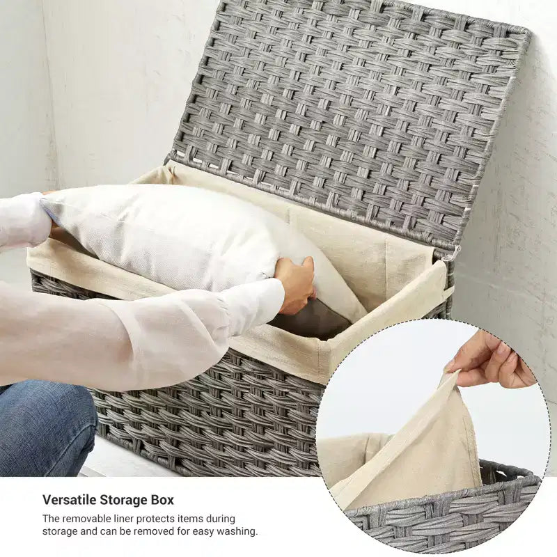 SONGMICS Cesta de Almacenamiento con Tapa, Contenedor de Almacenamiento de 160L (42,3 Galones), Cesta de Almacenamiento de Mantas Tejida con Asas, Plegable, Forro Extraíble, Marco de Metal
