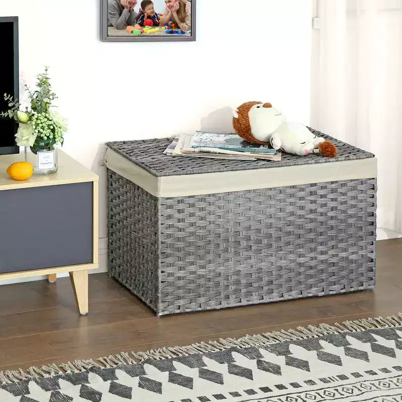 SONGMICS Cesta de Almacenamiento con Tapa, Contenedor de Almacenamiento de 160L (42,3 Galones), Cesta de Almacenamiento de Mantas Tejida con Asas, Plegable, Forro Extraíble, Marco de Metal