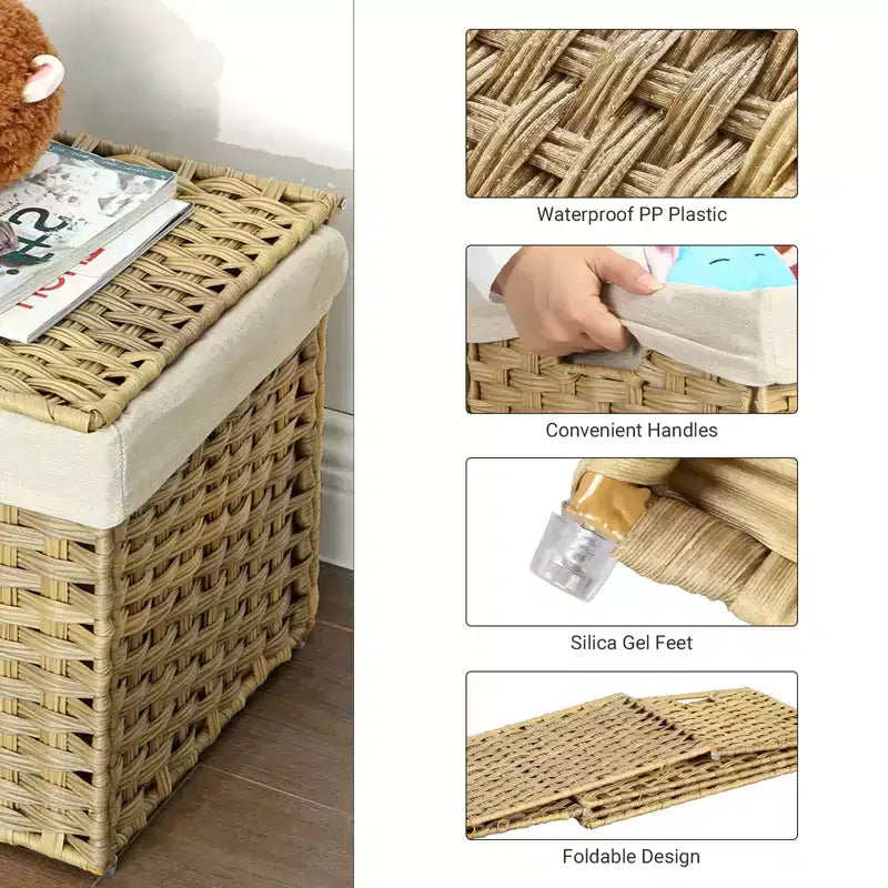 SONGMICS Cesta de Almacenamiento con Tapa, Contenedor de Almacenamiento de 160L (42,3 Galones), Cesta de Almacenamiento de Mantas Tejida con Asas, Plegable, Forro Extraíble, Marco de Metal