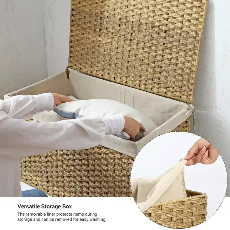 SONGMICS Cesta de Almacenamiento con Tapa, Contenedor de Almacenamiento de 160L (42,3 Galones), Cesta de Almacenamiento de Mantas Tejida con Asas, Plegable, Forro Extraíble, Marco de Metal