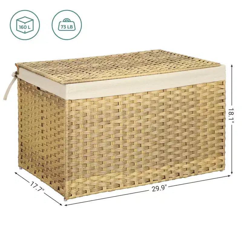 SONGMICS Cesta de Almacenamiento con Tapa, Contenedor de Almacenamiento de 160L (42,3 Galones), Cesta de Almacenamiento de Mantas Tejida con Asas, Plegable, Forro Extraíble, Marco de Metal