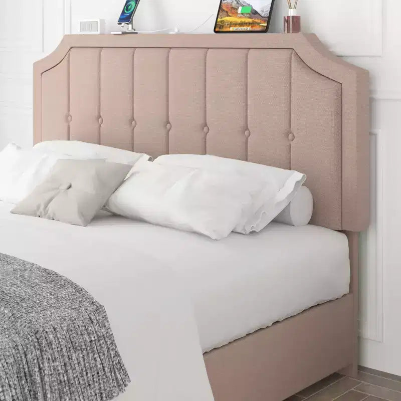 VECELO Base de cama tamaño Queen/Matrimonial con cajones de almacenamiento y puertos de carga, base de cama de plataforma tapizada con cabecero ajustable, beige