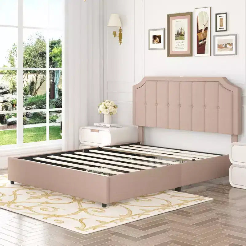 VECELO Base de cama tamaño Queen/Matrimonial con cajones de almacenamiento y puertos de carga, base de cama de plataforma tapizada con cabecero ajustable, beige