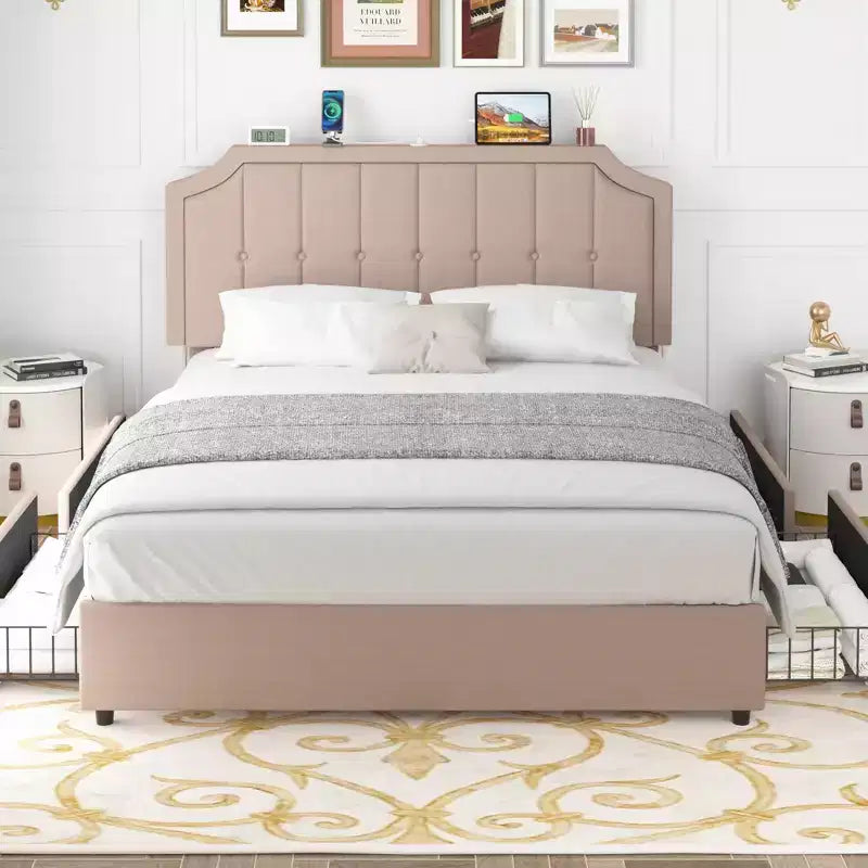 VECELO Base de cama tamaño Queen/Matrimonial con cajones de almacenamiento y puertos de carga, base de cama de plataforma tapizada con cabecero ajustable, beige