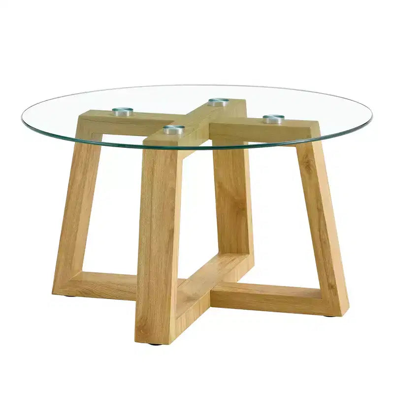 Mesitas de café y té circulares modernas y prácticas, con tablero de cristal templado transparente, mesas de MDF de color madera para salones, dormitorios