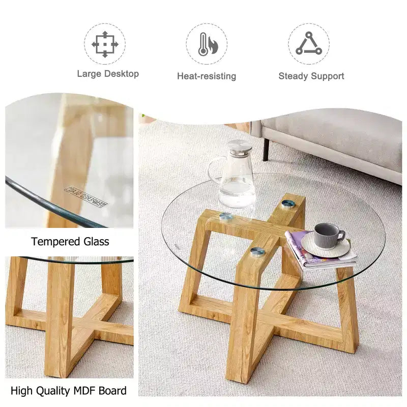 Mesitas de café y té circulares modernas y prácticas, con tablero de cristal templado transparente, mesas de MDF de color madera para salones, dormitorios