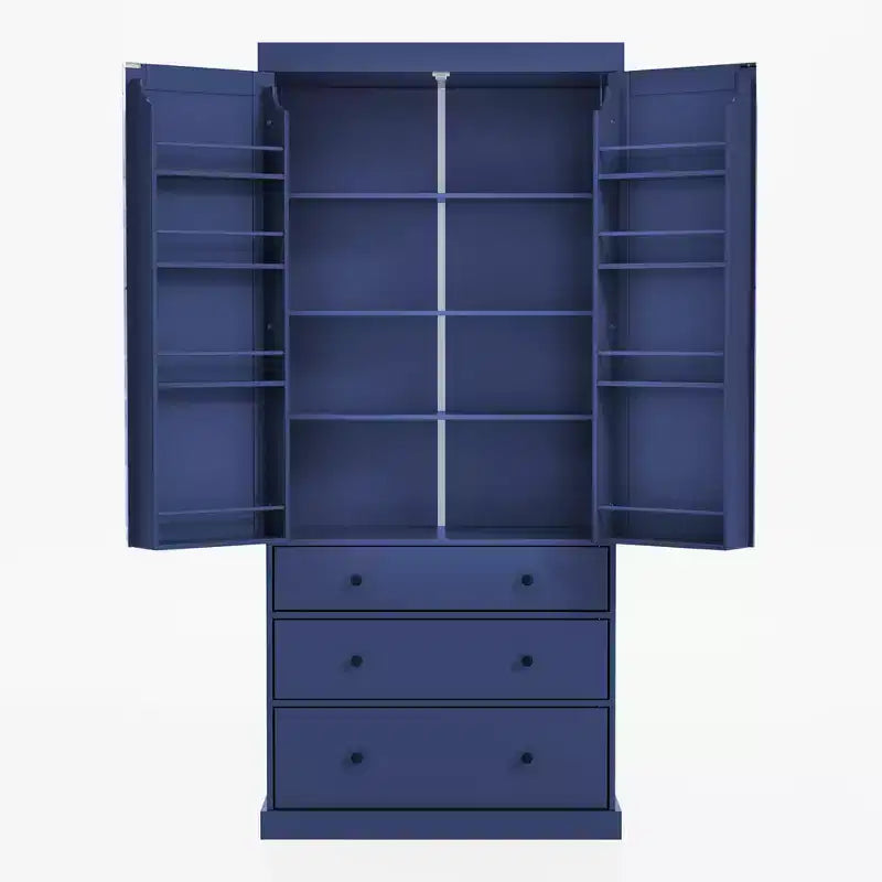 Organizador de despensa de cocina independiente Whisen, gabinete con 3 estantes ajustables, 3 cajones, 8 estantes interiores en las puertas
