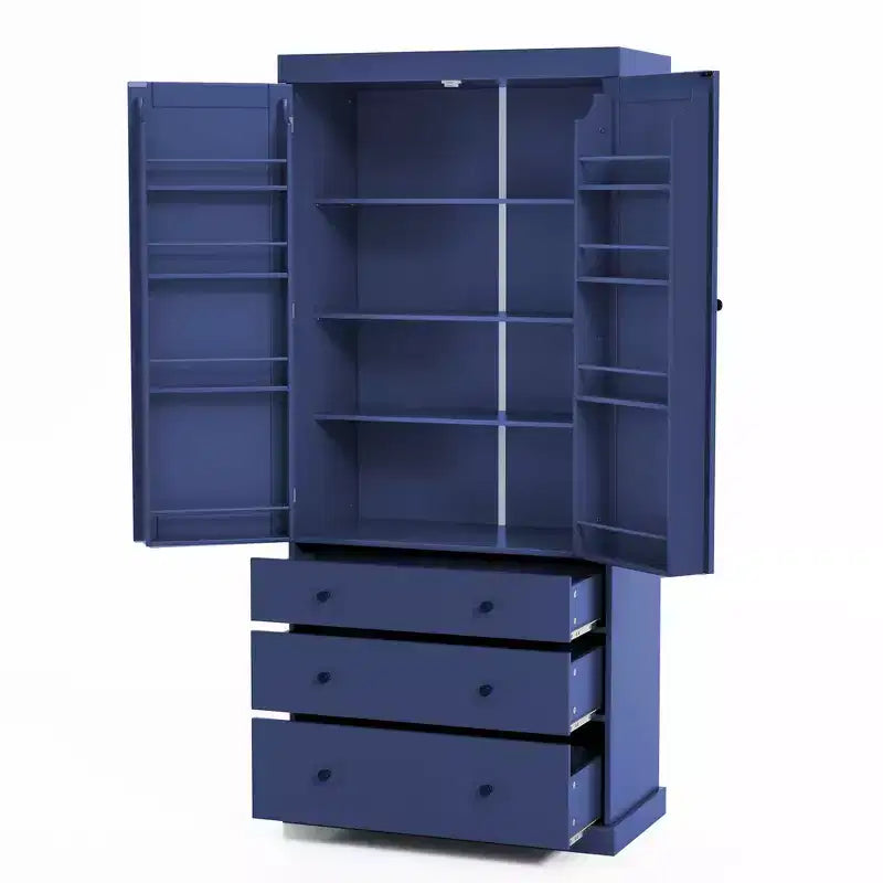 Organizador de despensa de cocina independiente Whisen, gabinete con 3 estantes ajustables, 3 cajones, 8 estantes interiores en las puertas