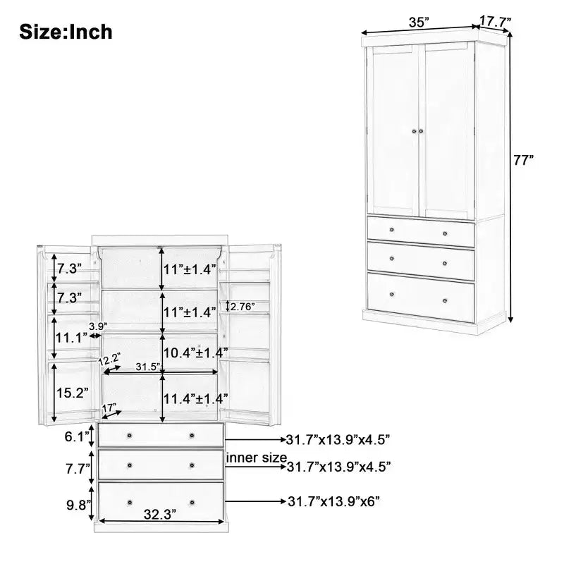 Organizador de despensa de cocina independiente Whisen, gabinete con 3 estantes ajustables, 3 cajones, 8 estantes interiores en las puertas