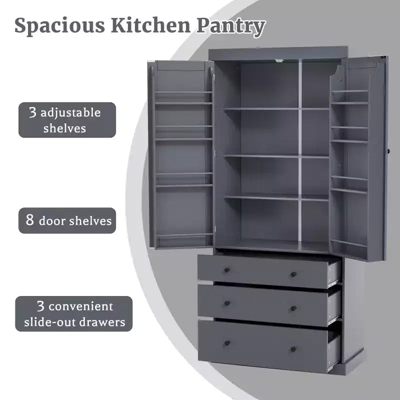 Organizador de despensa de cocina independiente Whisen, gabinete con 3 estantes ajustables, 3 cajones, 8 estantes interiores en las puertas