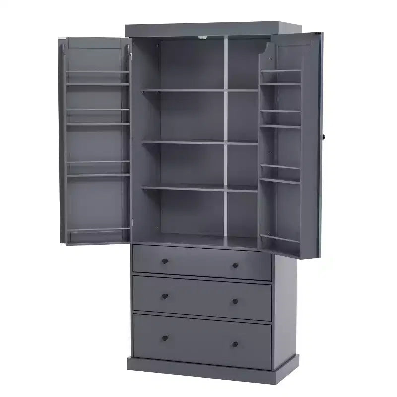 Organizador de despensa de cocina independiente Whisen, gabinete con 3 estantes ajustables, 3 cajones, 8 estantes interiores en las puertas
