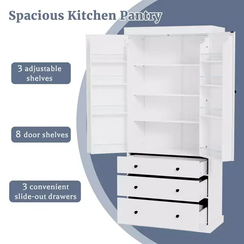 Organizador de despensa de cocina independiente Whisen, gabinete con 3 estantes ajustables, 3 cajones, 8 estantes interiores en las puertas