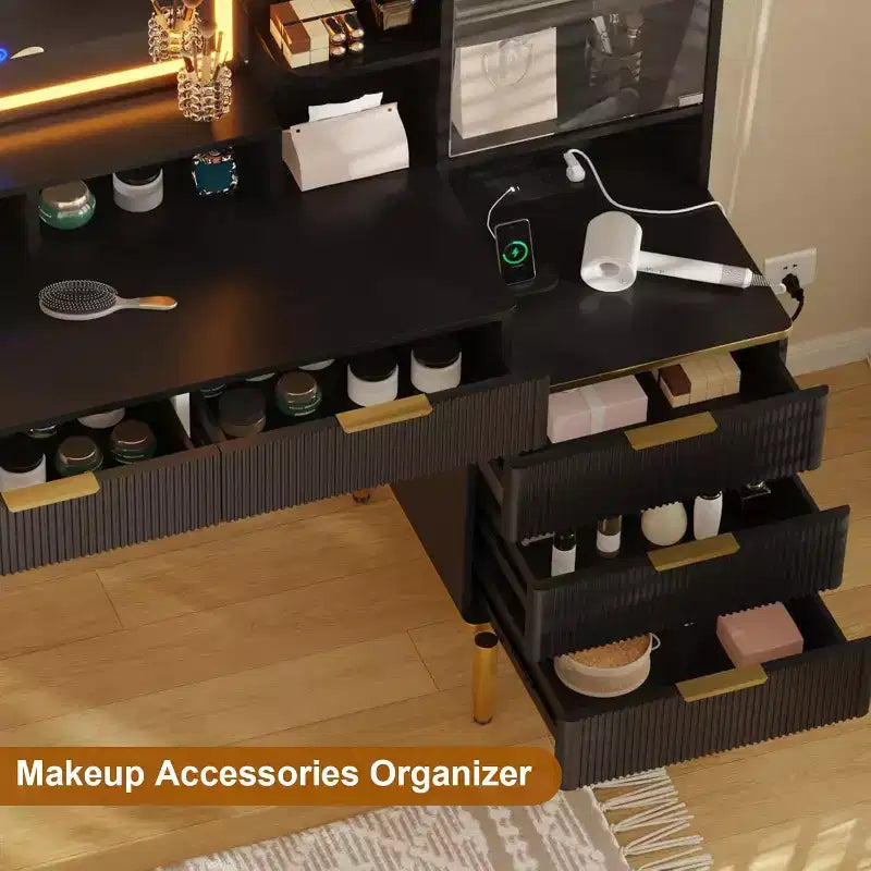 Garvee Tocador de Maquillaje - Mesa de Maquillaje con Luces y Toma de Corriente, Tocador Estriado con Espejo, 5 Cajones