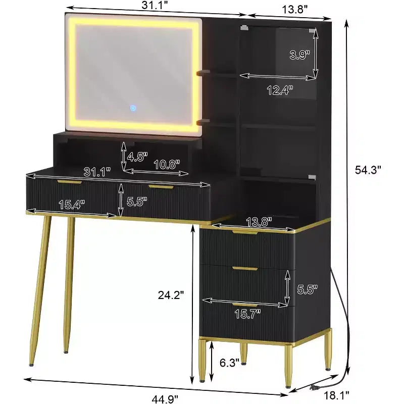 Garvee Tocador de Maquillaje - Mesa de Maquillaje con Luces y Toma de Corriente, Tocador Estriado con Espejo, 5 Cajones