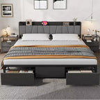Whizmax King Size Bed Frame with Upholstered Headboard, Industrial King Platform Bed with 2 Storage Drawers and Charging Station, No Box Spring Needed